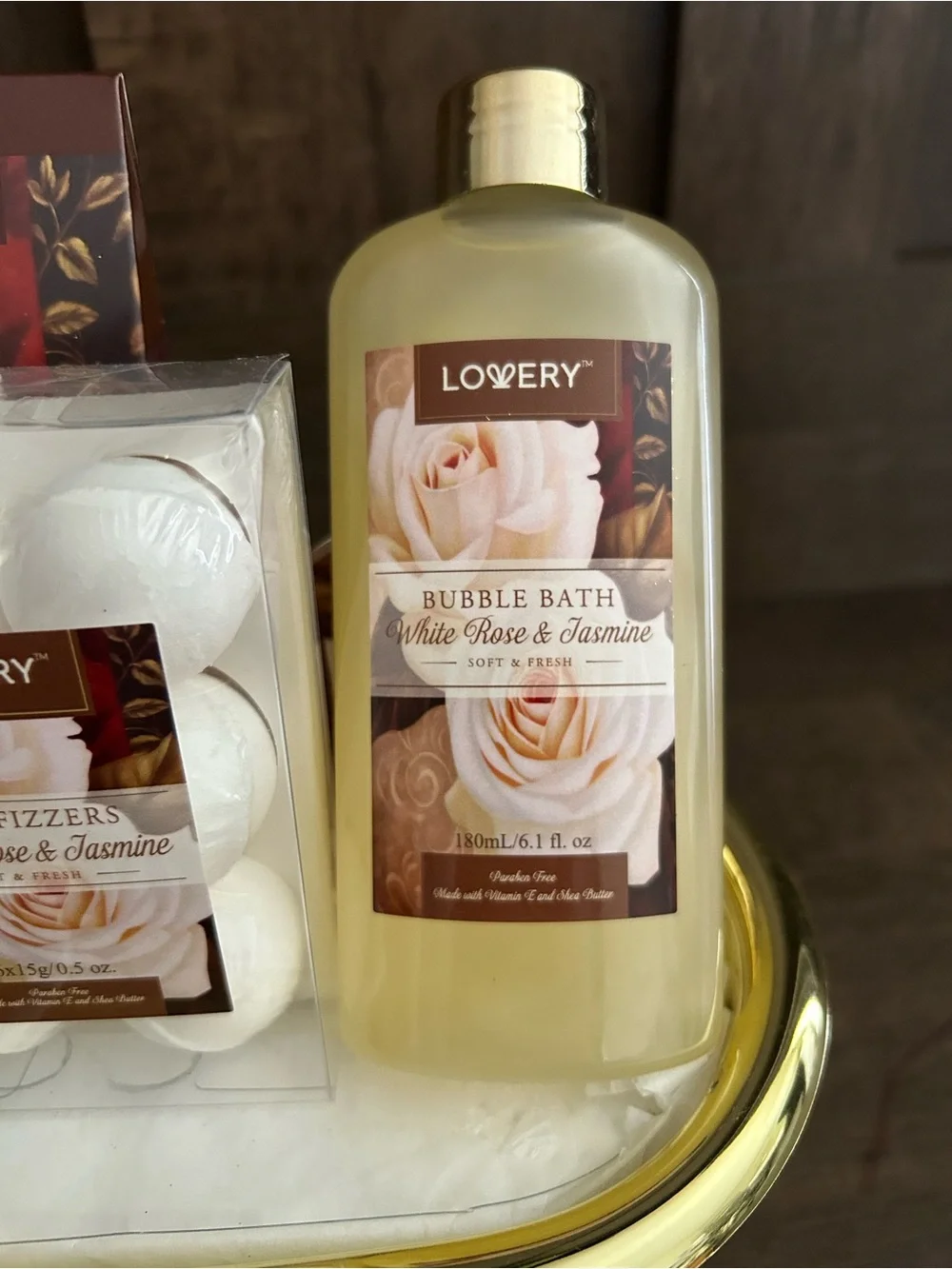 Lovery White Rose & Jasmine Bath Set in Gold & Cream Bathtub Bubble Bath NWOT